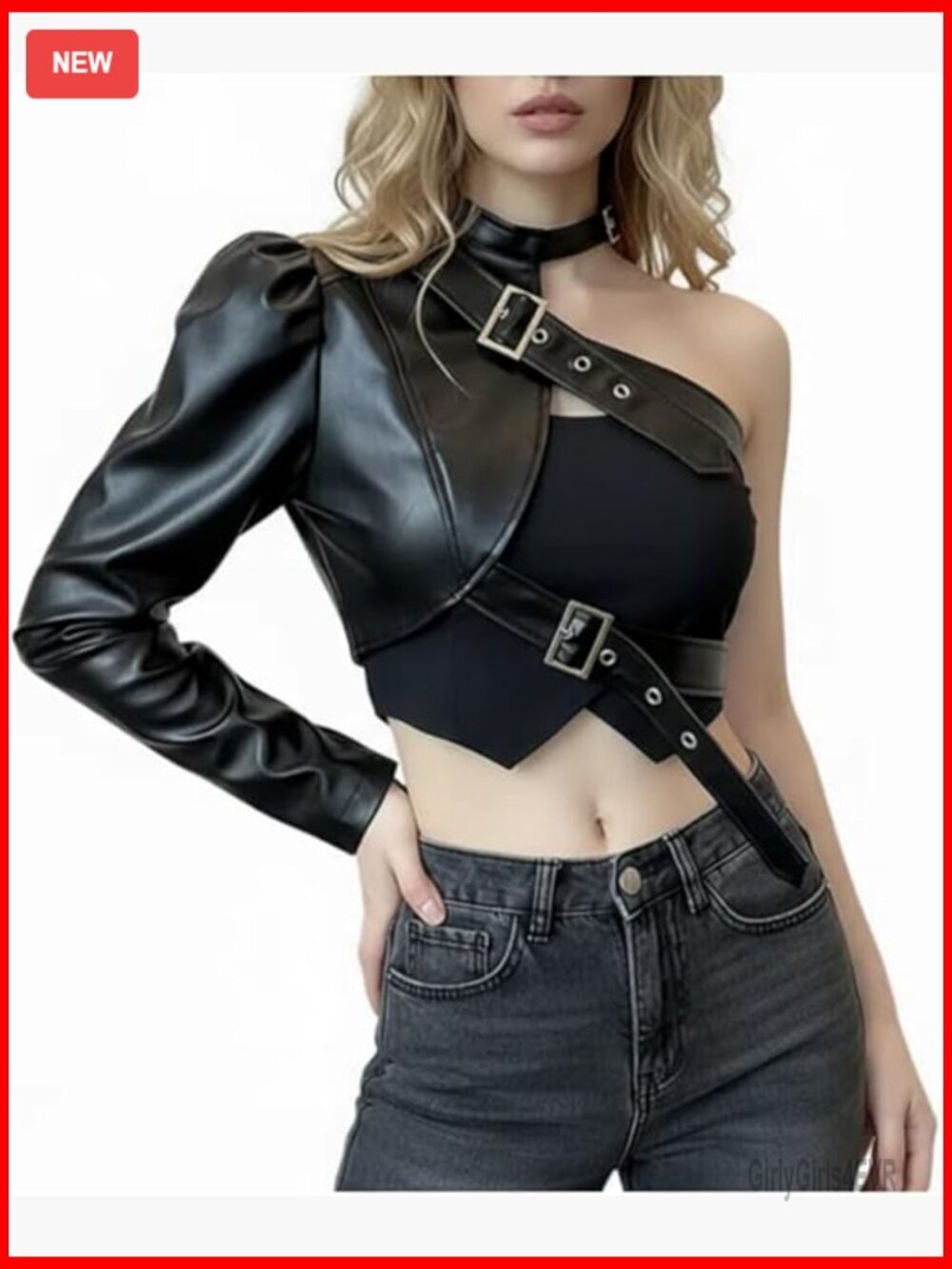 One Shoulder Motorcycle Jacket Faux Leather Halter Buckle Party Top